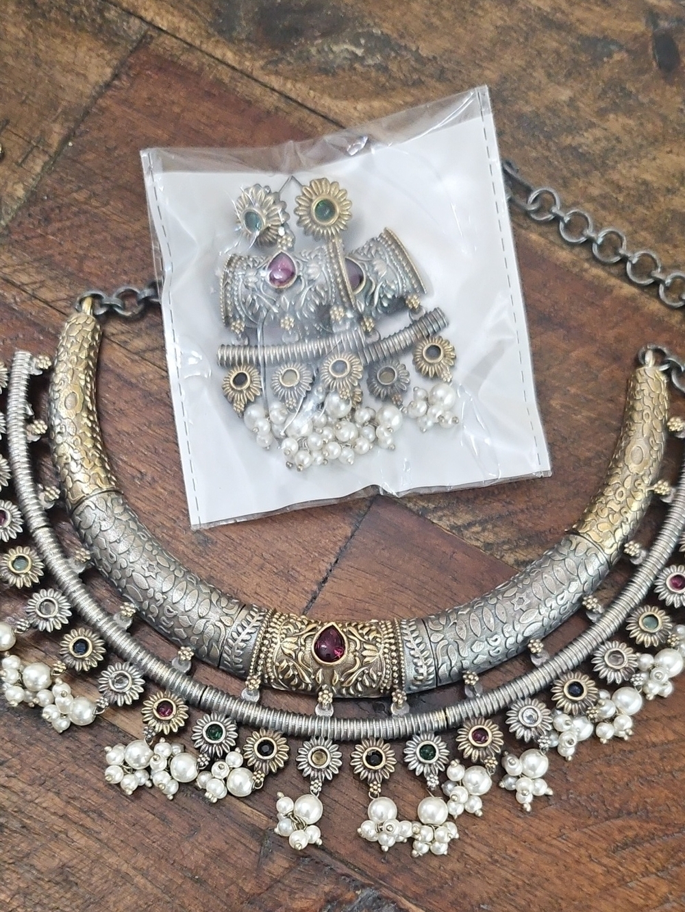 Traditional Silver & Golden Tone Necklace with Pearl Drops and Gem Accents